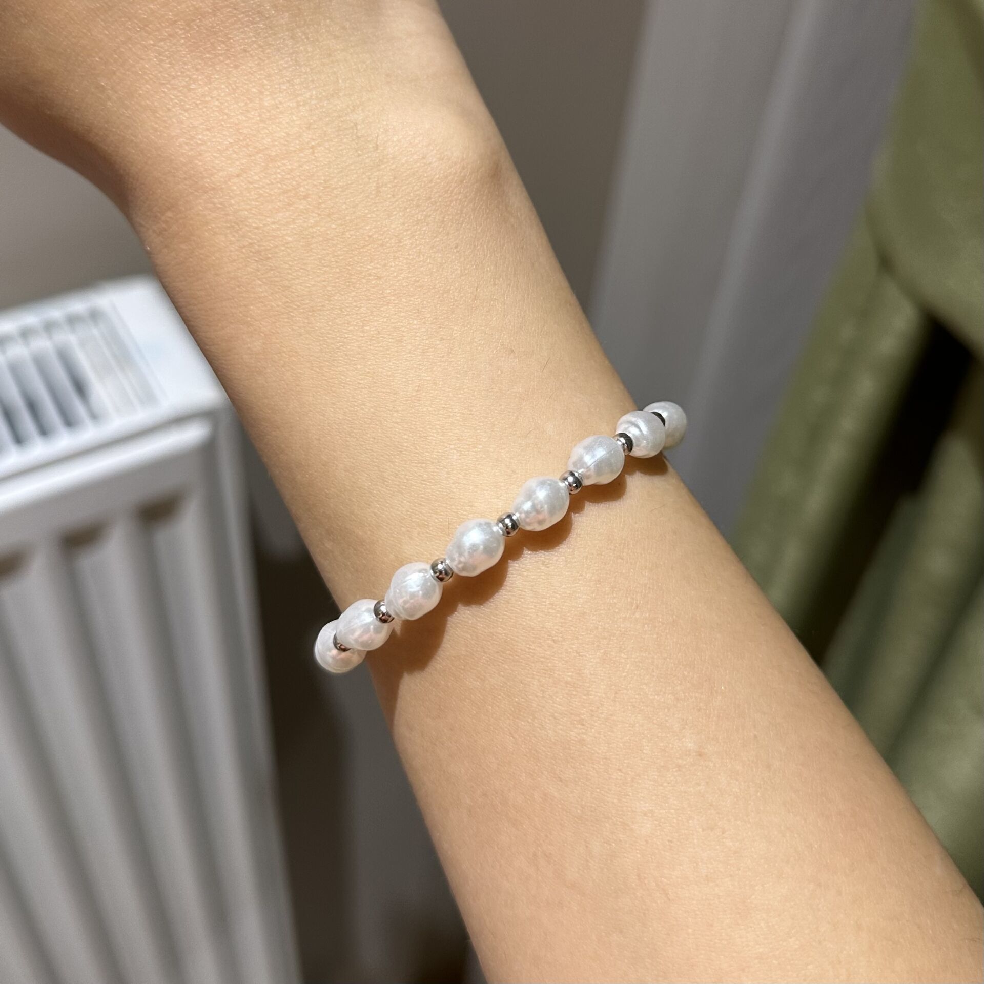 Barok İncili Çelik Bileklik Silver
