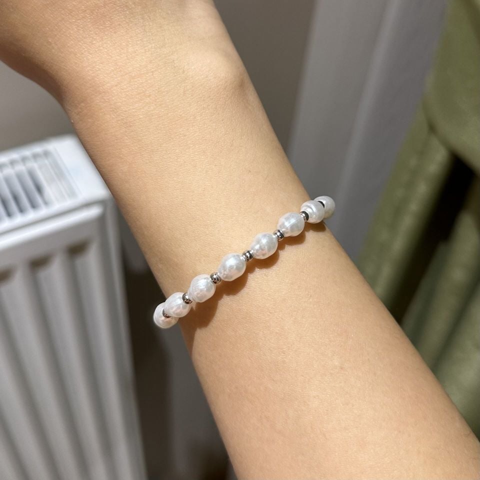 Barok İncili Çelik Bileklik Silver